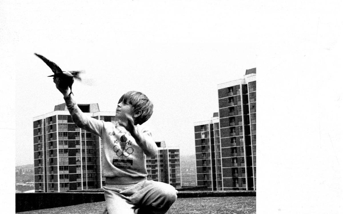 Das Musikcover der Single "People Watching" von Sam Fender zeigt ein schwarz-weiß Foto eines kleinen Jungen, der einen Vogel in der Hand hält.