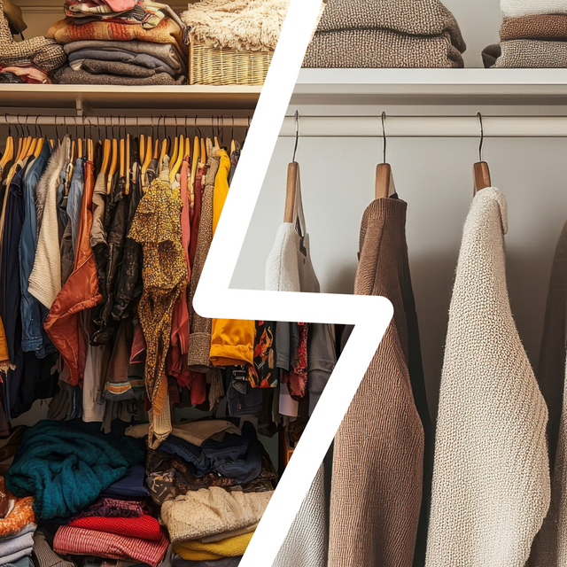 Minimalismus vs. Massenkonsum / voller, unordentlicher Kleiderschrank und minimalistischer Kleiderschrank im Kontrast
