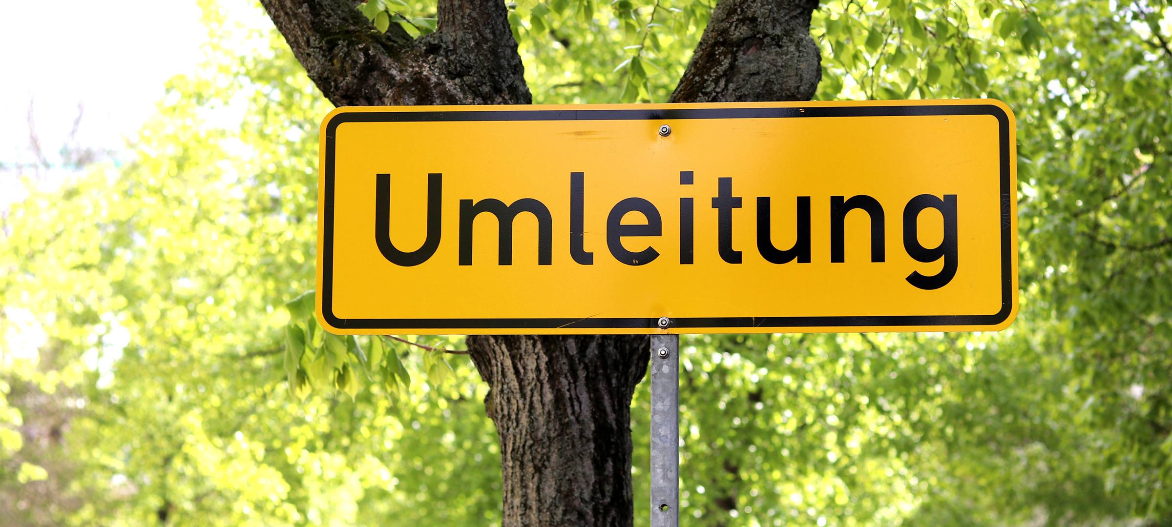 Ein Straßenschild aus Deutschland, das im Hintergrund gelb ist und die schwarze Aufschrift "Umleitung" trägt, steht vor einer Straßenkulisse mit einer begrünten Allee.